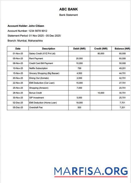 Blank India ABC bank statement word sample